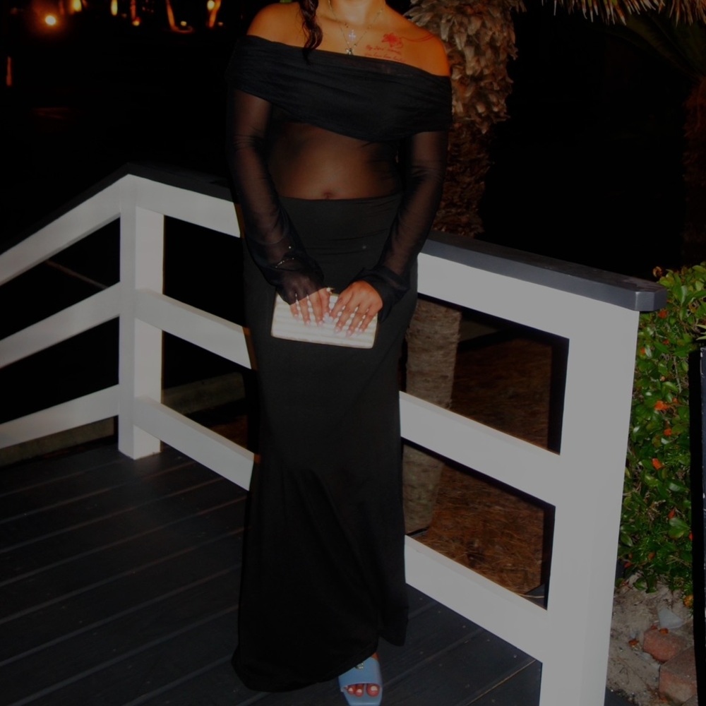 Black Off-Shoulder Mesh Evening Gown